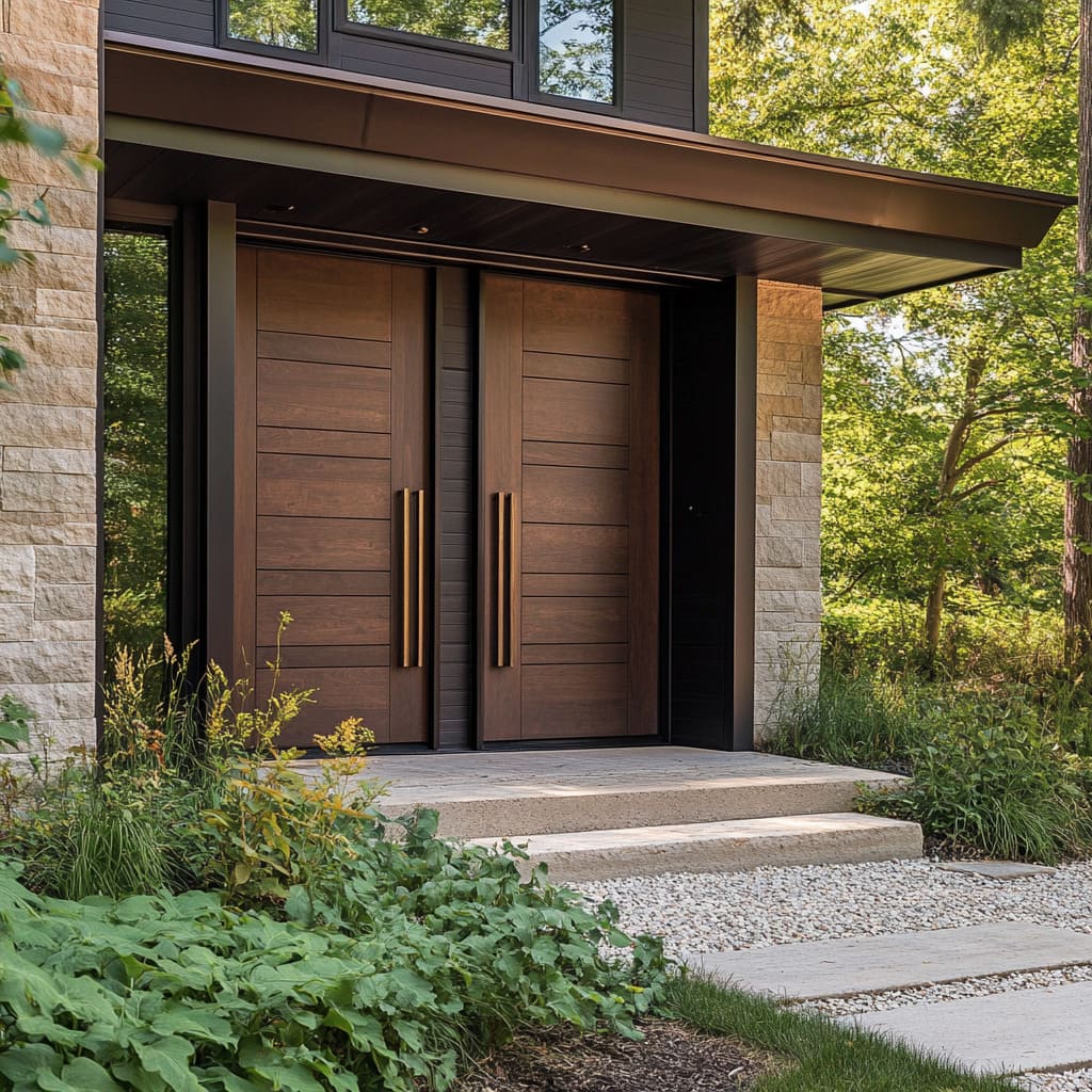 dark walnut double doors with bold bronze pulls stand beneath a cantilevered overhang paired with pale stone cladding